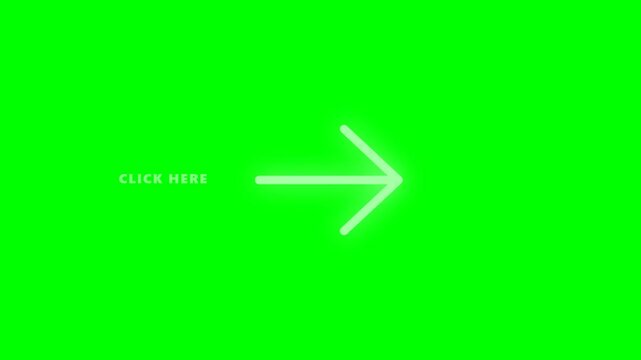 White Neon Glowing Arrow Pointing Right with Click Here Text Call to Action on Green Screen Background