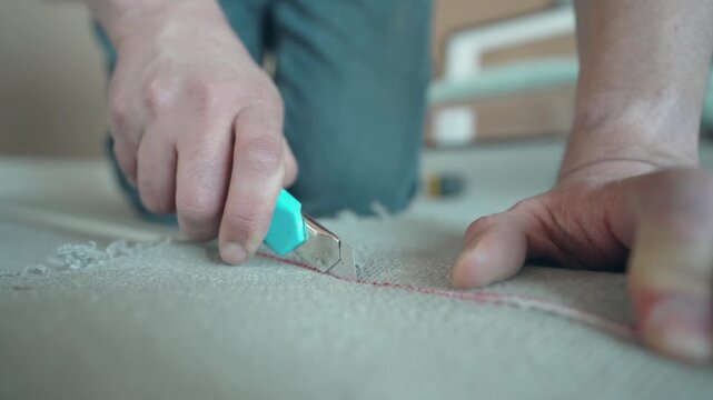 Close-up of hands using a blue utility knife to cut carpet underlay along a marked line