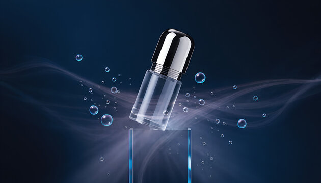 Luxury Cosmetic Bottle Mockup with Glass Podium Water Bubbles and Wave Smoke Effect on Dark Blue Background 3D Render