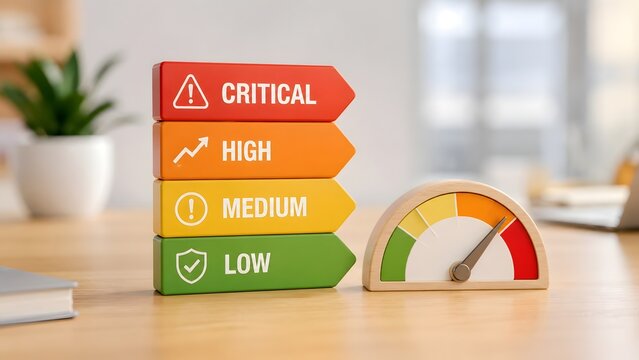 Risk management concept with stacked wooden blocks showing critical high medium low levels and warning gauge on office desk