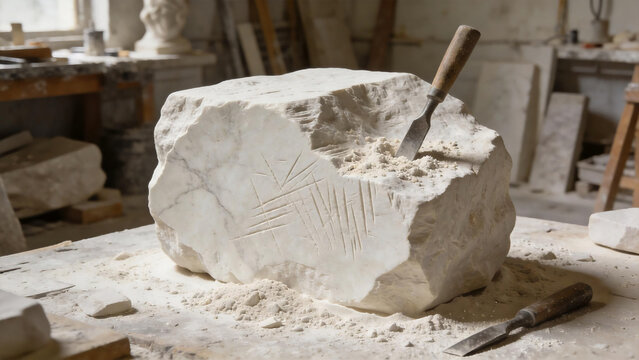 Stone carving in progress in a sculptor's workshop