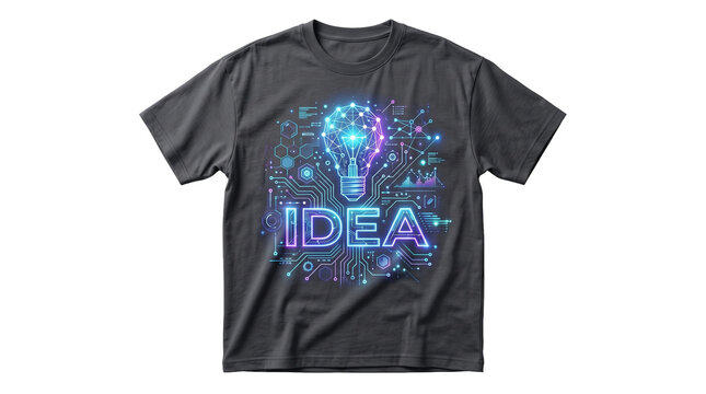 Oversized dark gray t shirt with glowing digital light bulb and idea concept neon print