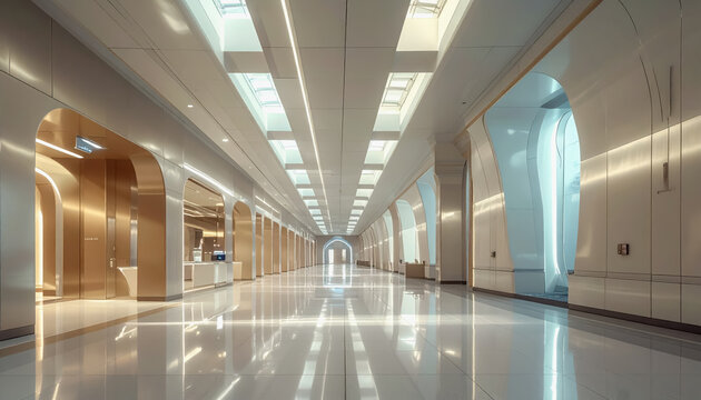 Ultra-modern futuristic interior of a brightly lit, grand hallway with arched doorways and reflective floor