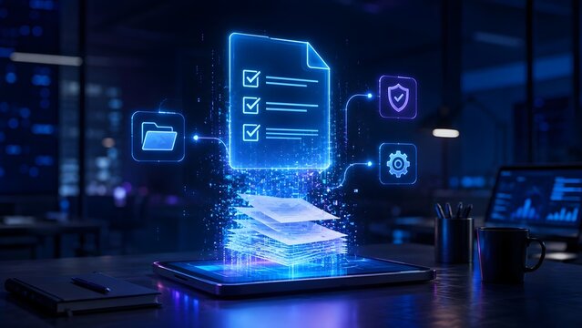Glowing digital document with checkmarks projecting from tablet, symbolizing electronic signature, contract approval, and secure digital workflow.
