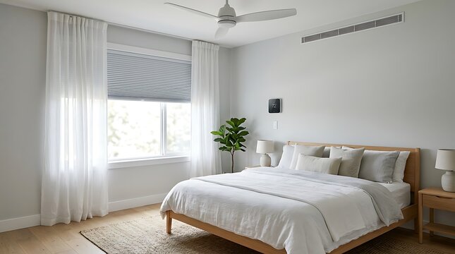 Bright minimalist bedroom featuring a wooden bed frame with white bedding, window with sheer curtains and roller shade, ceiling fan, and a wall-mounted digital control panel.