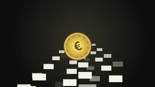 Loop animation 3d golden euro coin rolling on falling white square tiles, currency concept