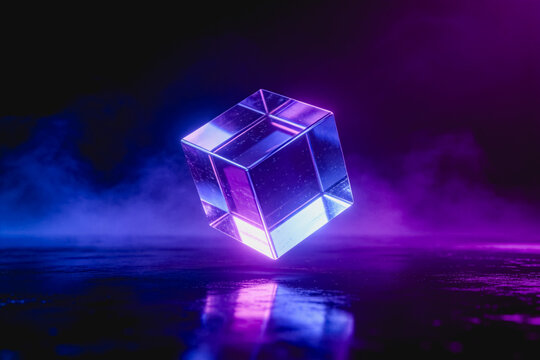 A 3D rendered transparent glass cube floats above a reflective surface, illuminated by neon purple and blue lighting with misty atmosphere.