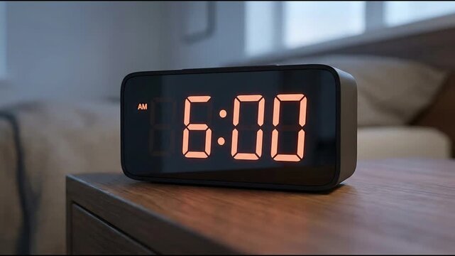 Digital alarm clock transitioning to 6:00 AM on wooden bedside table in morning bedroom