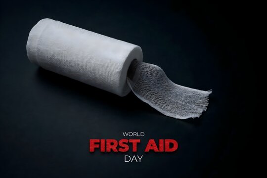 White medical gauze bandage roll on black background for World First Aid Day concept