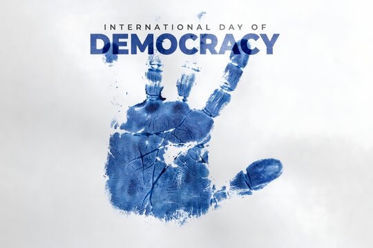 International Day of Democracy concept with blue handprint on white background