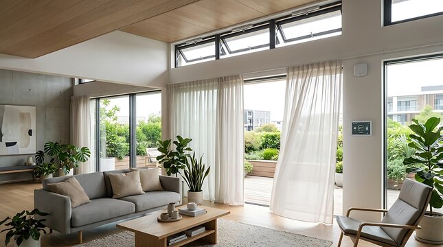 Bright modern living room with high ceilings, large glass windows leading to a garden patio, grey sofa, wooden coffee table, indoor plants, and a wall control unit.