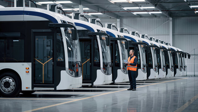 Modern electric bus fleet in clean energy depot with worker inspecting vehicles
