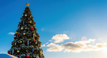 Fototapeta premium Decorated Christmas Tree Under Clear Blue Sky.