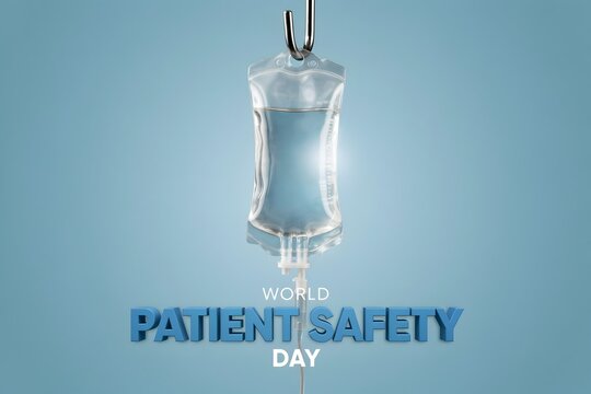 IV drip bag for medical treatment and World Patient Safety Day concept on blue background