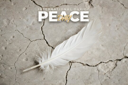 White feather on cracked dry earth representing peace and hope in a desolate landscape