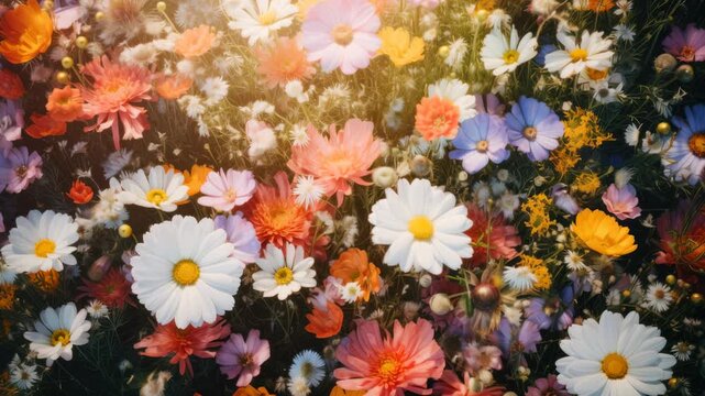 Vibrant top-down video shot of a colorful wildflower meadow, capturing natural beauty. Live desktop wallpaper.