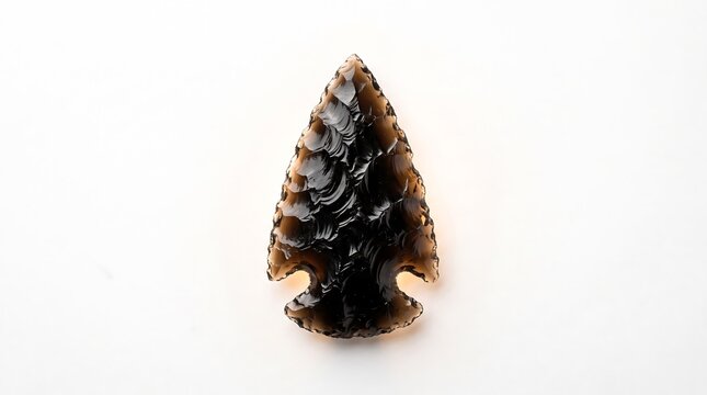 A handcrafted obsidian arrowhead featuring sharp edges and intricate flaking patterns isolated on a clean white background for historical and archaeological study