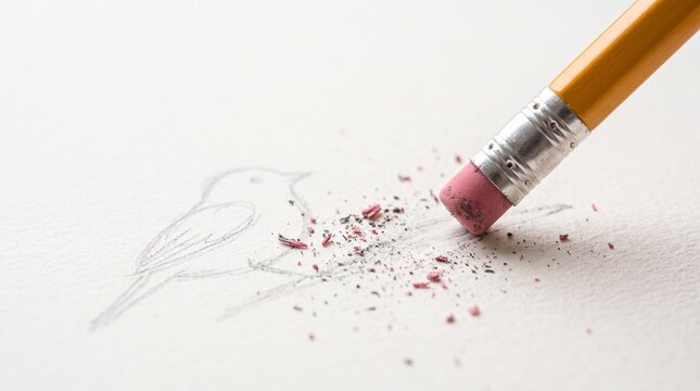 A close-up shot of a yellow pencil's rubber eraser wiping away a delicate pencil sketch of a bird on textured white paper, leaving behind tiny eraser shavings and smudge marks.
