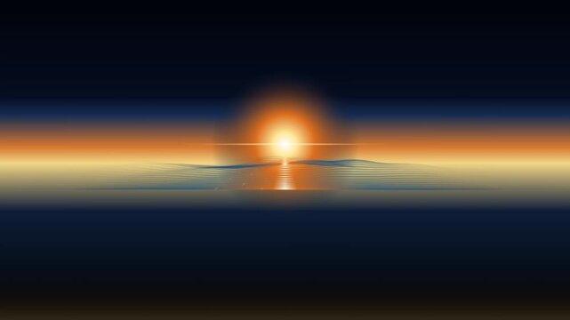 Abstract digital landscape with a glowing sun on the horizon, minimalist sunset background with soft light gradients and subtle wave patterns in deep blue and orange