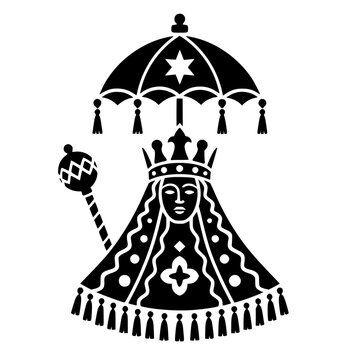 Rainha do maracatu sob o guarda-sol ceremonial com cetro, coroa e cortejo de s&uacute;ditos