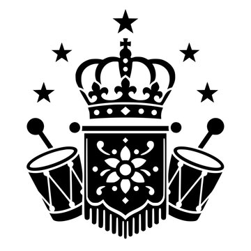 Emblema real do maracatu na&ccedil;&atilde;o com coroa, estrelas, tambores e ornamento central"