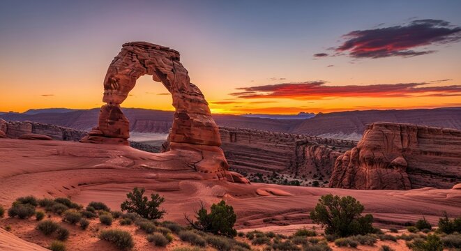 Delicate Arch at Sunset in Arches National Park Utah.