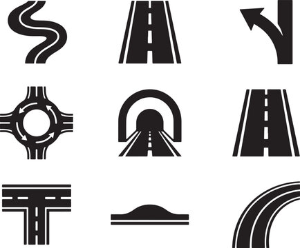 Transportation road network icons showing various highway layouts tunnels and traffic management signs.