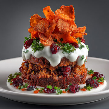Savory layered food stack with white sauce toppings, cranberries, and crispy vegetable chips