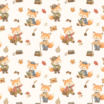 Cute Fox Seamless Pattern, Watercolor Woodland Foxes with Books, Letters, Autumn Leaves and Cozy Elements