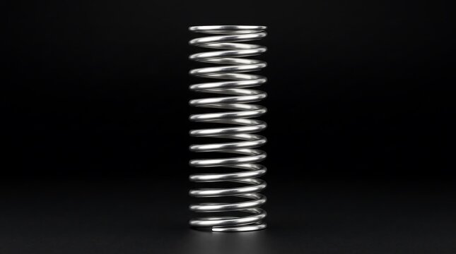 A professional studio shot of a cylindrical steel compression spring isolated against a dark background for industrial engineering and manufacturing applications