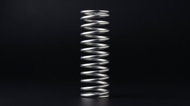 A single industrial metallic helical compression spring standing upright against a dark black studio background showcasing mechanical engineering and elasticity
