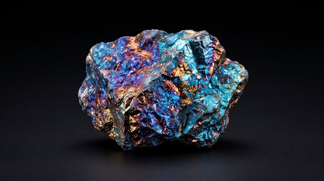A stunning raw peacock ore chalcopyrite mineral specimen featuring vibrant iridescent metallic colors isolated on a dark background