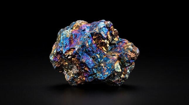 Stunning Iridescent Chalcopyrite Mineral Specimen Displaying Vibrant Metallic Rainbow Colors Isolated Against A Deep Black Background For Geological Study And Decorative Display