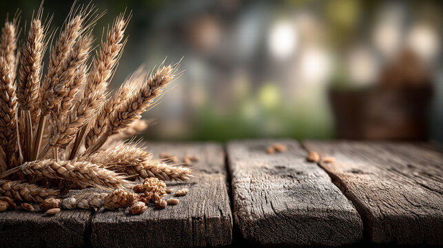 Bundles of golden wheat ears and loose grains arranged neatly on a rustic wooden table with interior