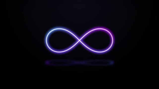 Infinity symbol glowing with neon blue and purple light against a dark background