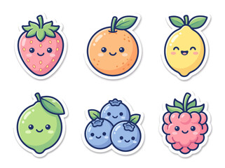 Fototapeta premium Cute Kawaii Fruit Stickers Set with Strawberry Orange and Berries