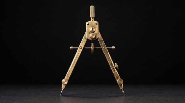 A professional brass drafting compass tool isolated on a dark background for precise architectural or engineering geometric design and technical drawing projects