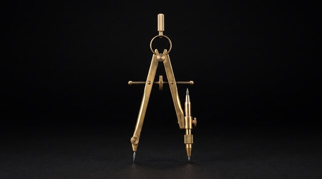 A professional gold drafting compass tool isolated on a dark background for precise engineering and geometric design illustrations representing mathematical accuracy and architectural creativity