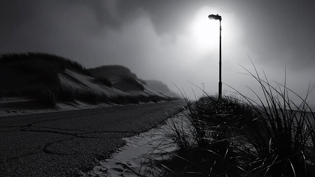 Dramatic black and white landscape of a lonely road with a lamppost on a foggy day with dunes and grass