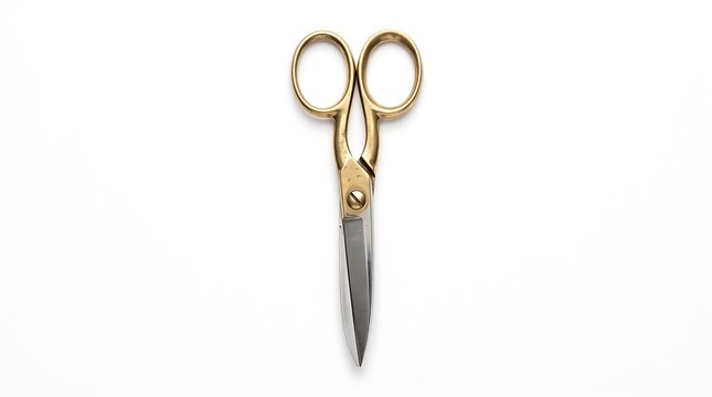 A pair of professional gold-handled scissors for precision cutting isolated on a clean white background suitable for office and craft projects