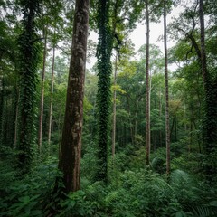 Fototapeta premium Dense Tropical Rainforest with Towering Trees and Lush Greenery.