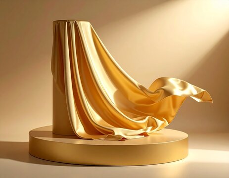 Luxury golden podium with elegant flowing gold silk fabric backdrop illuminated by warm lighting for high end product presentation