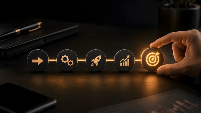 Hand setting a glowing target icon completing a business strategy sequence with rocket and growth graph on dark desk