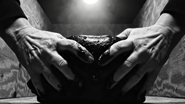 Black and white close up of hands gripping and shaping an amorphous dark mass in a small room