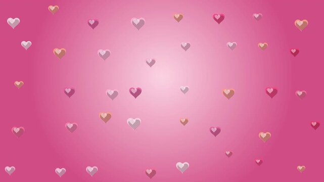 Looping 3d animation of colorful pixel hearts floating and changing size on a pink gradient background, romantic motion graphic