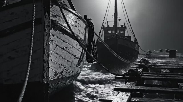 Black and white shot of boats tied to a wooden pier on a cloudy, overcast day, vintage and moody scene.