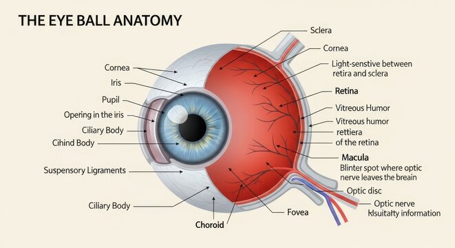 Detailed anatomical diagram of the human eye structure.