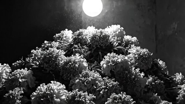 Black and white close up of a bulb illuminating a pile of carnation flowers, moody scene