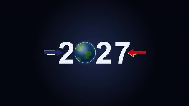 Motion graphic 2027 countdown animation with Earth replacing zero, USA and China flags on arrows symbolizing global connection and transition