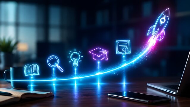 Digital e-learning and online education success path featuring glowing neon icons of a book lightbulb graduation cap diploma and rocket launch on a dark desk